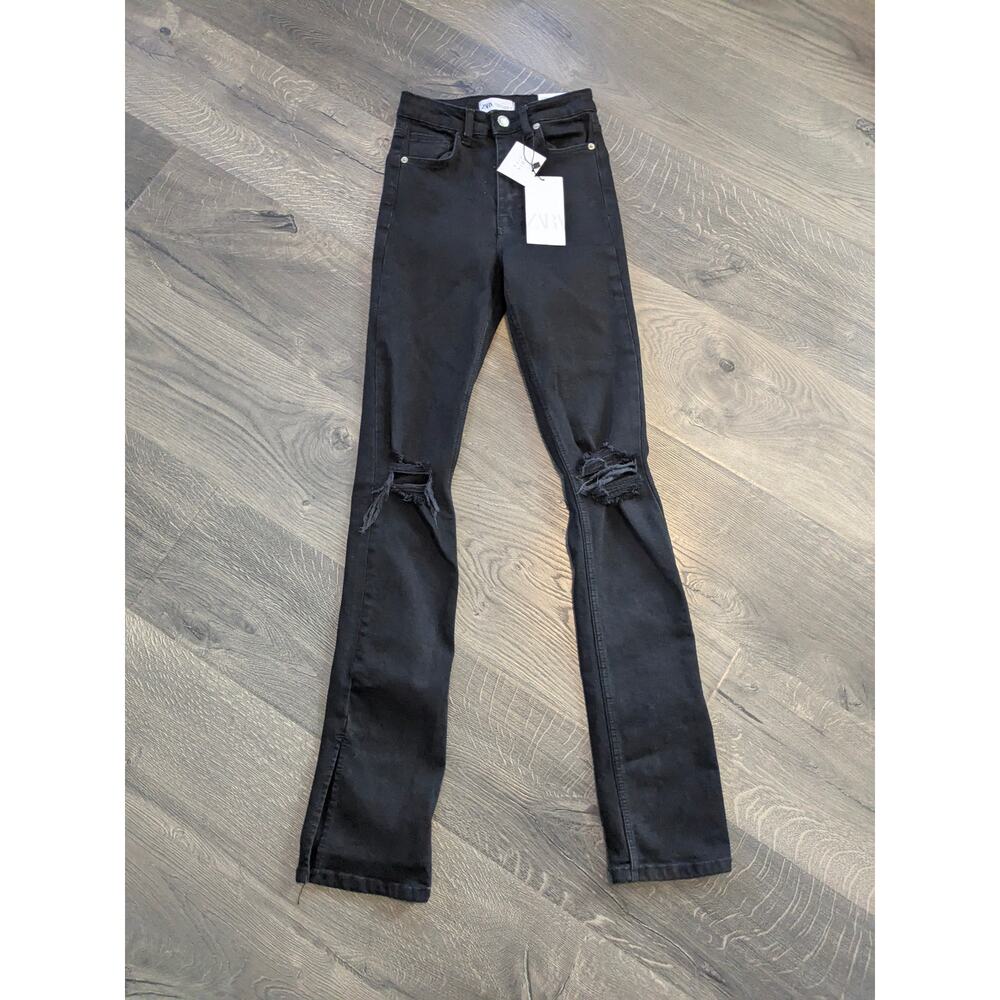 Zara Black Straight Leg Jeans with Knee Rips